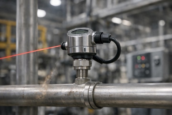 Capteur industriel monté sur une canalisation, traversé par un faisceau laser
