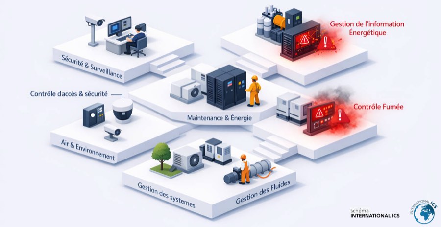 Schéma International ICS des systèmes d’un bâtiment : sécurité et surveillance, contrôle d’accès, maintenance et énergie, gestion des fluides, air et environnement